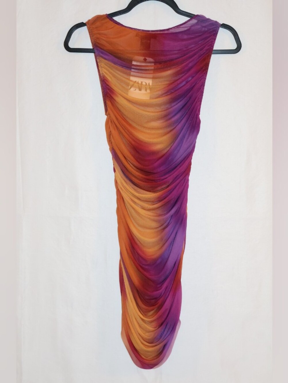 Zara Vibrant Purple & Orange Draped Ombré Printed Tulle Dress.